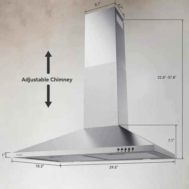 Alt view image 2 of 7 - 30 Inch Wall Mount Range Hood, Stainless Steel Kitchen Vent Hoods | Ducted/Ductless Convertible, Charcoal Filter Included, Efficient Kitchen Smoke Ventilation