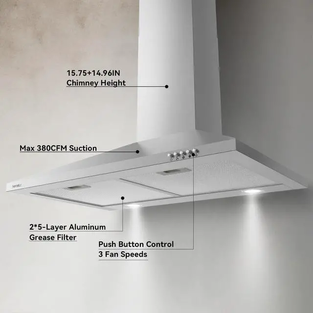 Alt view image 3 of 7 - 30 Inch Wall Mount Range Hood, Stainless Steel Kitchen Vent Hoods | Ducted/Ductless Convertible, Charcoal Filter Included, Efficient Kitchen Smoke Ventilation