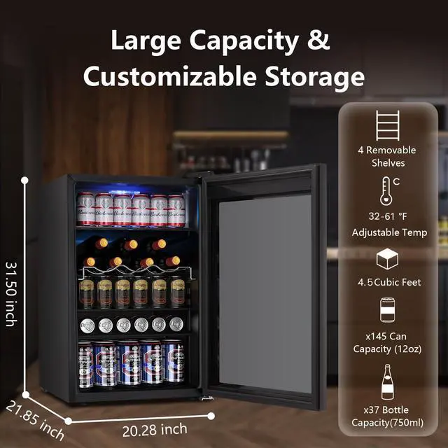 Alt view image 2 of 7 - 37 Bottle Wine Fridge,Freestanding 145 Can Beverage Refrigerator with Smart Temperature Control4.5 CU FT Quiet Mini Fridge with Child Lock Panel for Family Restaurant Bar, Black