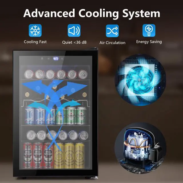 Alt view image 3 of 7 - 37 Bottle Wine Fridge,Freestanding 145 Can Beverage Refrigerator with Smart Temperature Control4.5 CU FT Quiet Mini Fridge with Child Lock Panel for Family Restaurant Bar, Black
