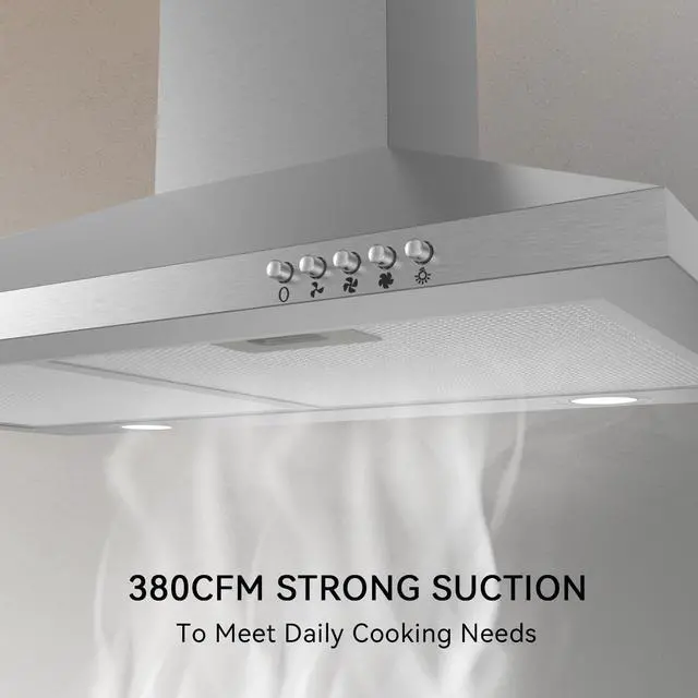 Alt view image 6 of 7 - 30 Inch Wall Mount Range Hood, Stainless Steel Kitchen Vent Hoods | Ducted/Ductless Convertible, Charcoal Filter Included, Efficient Kitchen Smoke Ventilation