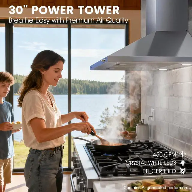 Alt view image 2 of 7 - Wall Mount Range Hood 30 inch, 450CFM | Stainless Steel, CRYSTAL WHITE 12000K LEDs, Baffle Filters, Ducted/Ductless Convertible (Charcoal Included)
