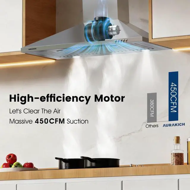 Alt view image 3 of 7 - Wall Mount Range Hood 30 inch, 450CFM | Stainless Steel, CRYSTAL WHITE 12000K LEDs, Baffle Filters, Ducted/Ductless Convertible (Charcoal Included)