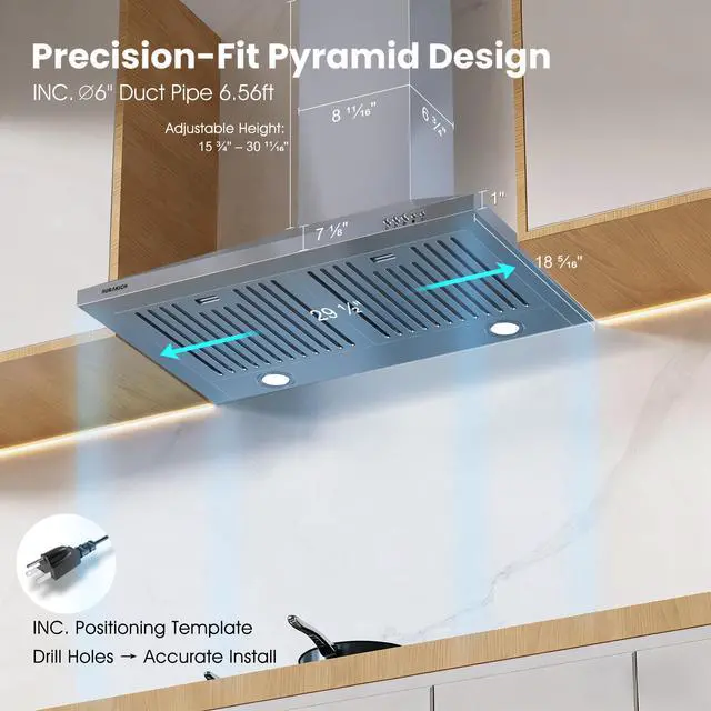 Alt view image 7 of 7 - Wall Mount Range Hood 30 inch, 450CFM | Stainless Steel, CRYSTAL WHITE 12000K LEDs, Baffle Filters, Ducted/Ductless Convertible (Charcoal Included)