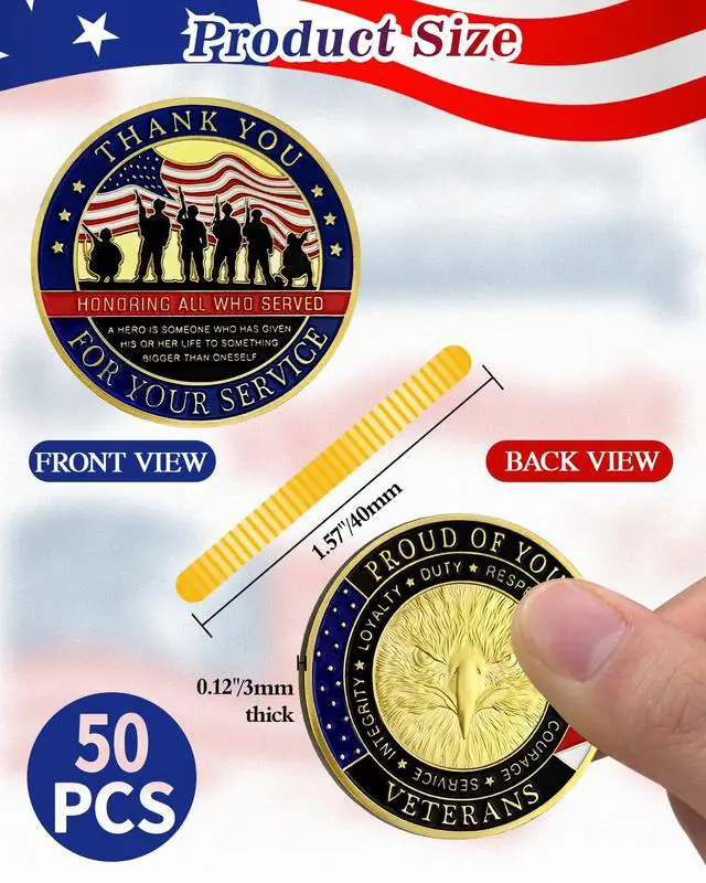 Alt view image 3 of 7 - 50Pcs Military Challenge Coins Set, Veteran Honor Coins | Thank You for Your Service, Military Appreciation Gifts for Men & Women, Service Recognition, Bulk Veterans Day Gifts