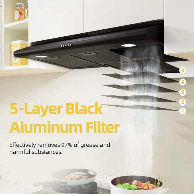 Alt view image 2 of 7 - 36 Inch Black Under Cabinet Range Hood, 300 CFM Ducted/Ductless Convertible Kitchen Hood with 3-Speed Stove Vent Fan, LED Lights, Aluminum Filters & Charcoal Filters
