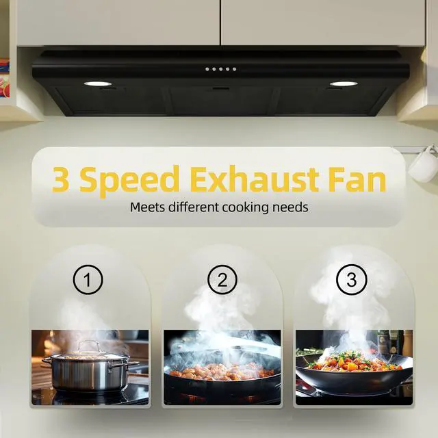 Alt view image 3 of 7 - 36 Inch Black Under Cabinet Range Hood, 300 CFM Ducted/Ductless Convertible Kitchen Hood with 3-Speed Stove Vent Fan, LED Lights, Aluminum Filters & Charcoal Filters