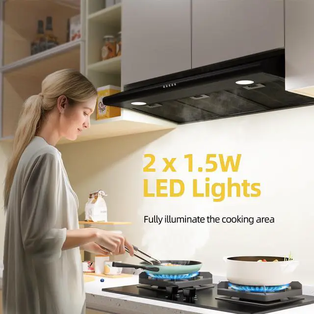 Alt view image 5 of 7 - 36 Inch Black Under Cabinet Range Hood, 300 CFM Ducted/Ductless Convertible Kitchen Hood with 3-Speed Stove Vent Fan, LED Lights, Aluminum Filters & Charcoal Filters