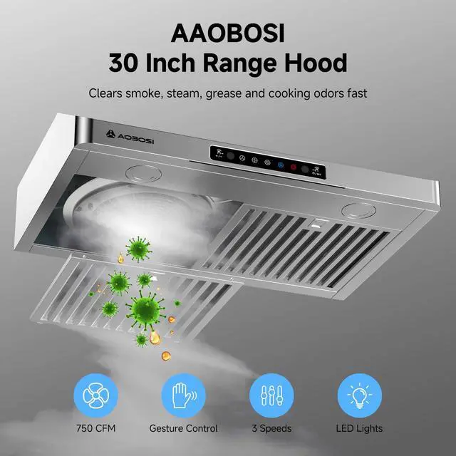 Alt view image 4 of 7 - 30 Inch Under Cabinet Range Hood, 800 CFM Stainless Steel Kitchen Vent Hood with Gesture Sensing, Touch Control, 3-Speed Exhaust Fan, LED Lights, Ducted Range Hood