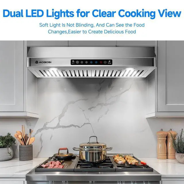 Alt view image 3 of 7 - 30 Inch Under Cabinet Range Hood, 800 CFM Stainless Steel Kitchen Vent Hood with Gesture Sensing, Touch Control, 3-Speed Exhaust Fan, LED Lights, Ducted Range Hood