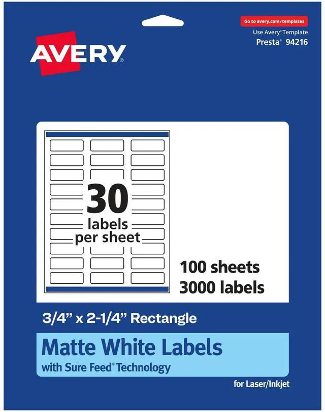 Main image of ® Matte White Rectangle Labels, Sure Feed® Technology, 0.75" x 2.25", 3,000 White Labels, Print-to-The-Edge, Permanent Adhesive, Laser/Inkjet Printable