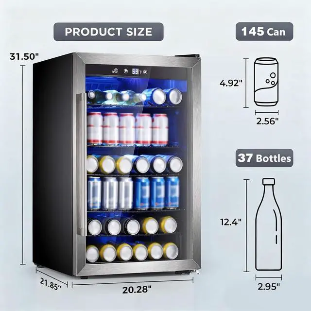 Alt view image 6 of 7 - Wine Cooler 37 Bottle Freestanding Fridge with Stainless Steel Reversible Glass Door, 145 Can Beverage Refrigerator Quiet Compressor for Home Kitchen Bar, 4.5 Cu.ft Silver