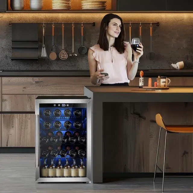 Alt view image 5 of 7 - Wine Cooler 37 Bottle Freestanding Fridge with Stainless Steel Reversible Glass Door, 145 Can Beverage Refrigerator Quiet Compressor for Home Kitchen Bar, 4.5 Cu.ft Silver