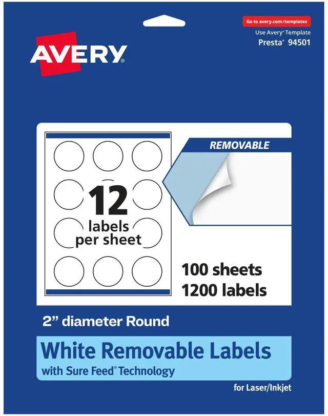 Main image of ® Matte White Removable Round Labels, Sure Feed® Technology, Print-to-The-Edge, 2" Diameter, 1,200 Removable Labels, Laser/Inkjet Printable
