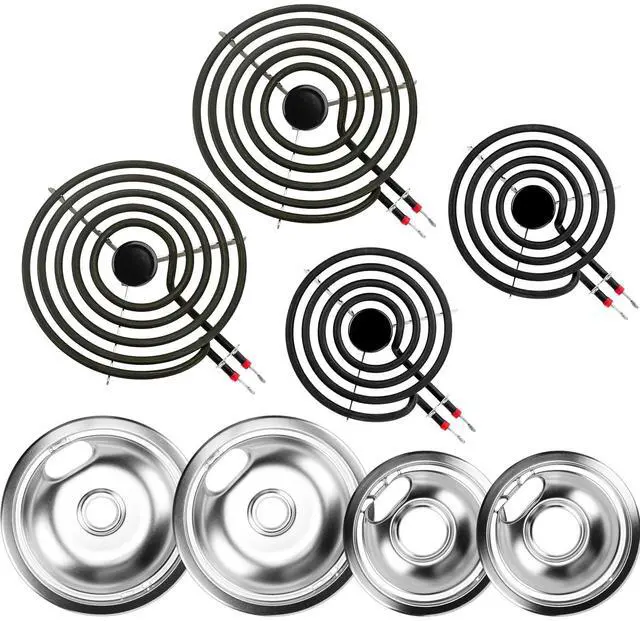 Main image of W10196405 W10196406 Electric Stove Burner Drip Pans & MP21YA MP15YA Electric Range Burner Element Unit Set Fit for Whirlpool Kenmore Amana Range Oven/Stove by