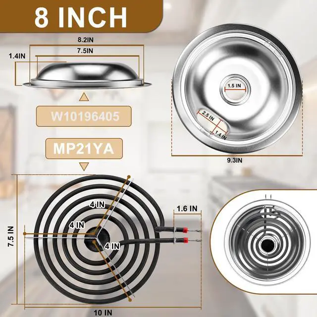 Alt view image 4 of 7 - W10196405 W10196406 Electric Stove Burner Drip Pans & MP21YA MP15YA Electric Range Burner Element Unit Set Fit for Whirlpool Kenmore Amana Range Oven/Stove by