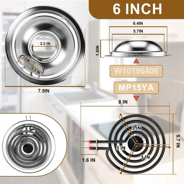 Alt view image 5 of 7 - W10196405 W10196406 Electric Stove Burner Drip Pans & MP21YA MP15YA Electric Range Burner Element Unit Set Fit for Whirlpool Kenmore Amana Range Oven/Stove by