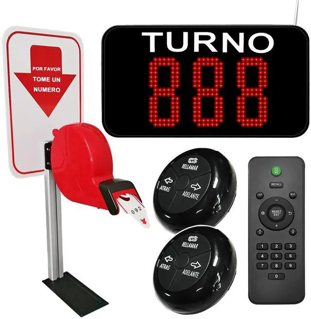 Main image of Take a Number System Wireless Queue Calling System with 1 Take a Number Display 2 Waterproof Next Call Button 1 Ticket Dispenser Stand and 3-Digit Ticket Roll