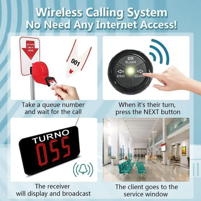 Alt view image 2 of 6 - Take a Number System Wireless Queue Calling System with 1 Take a Number Display 2 Waterproof Next Call Button 1 Ticket Dispenser Stand and 3-Digit Ticket Roll