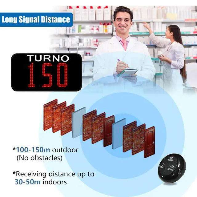 Alt view image 4 of 6 - Take a Number System Wireless Queue Calling System with 1 Take a Number Display 2 Waterproof Next Call Button 1 Ticket Dispenser Stand and 3-Digit Ticket Roll
