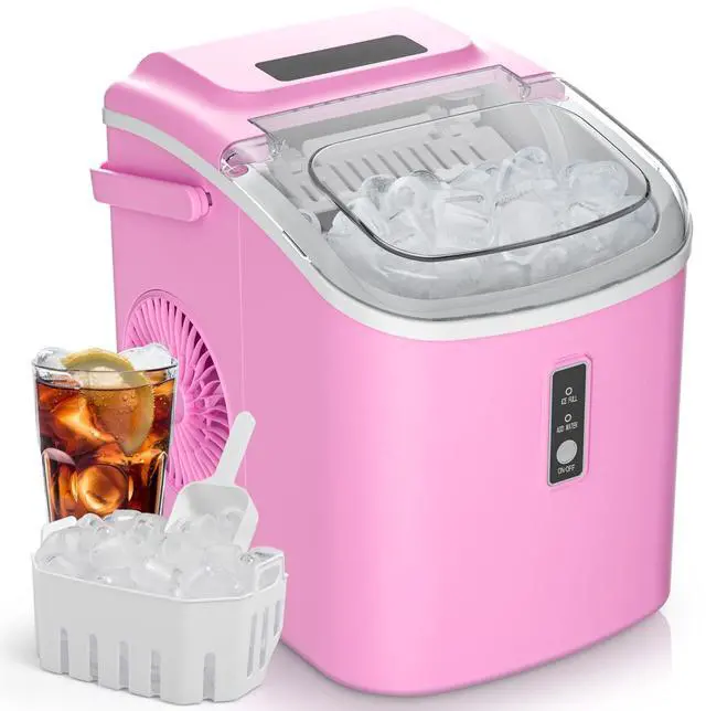 Main image of Countertop Ice Maker Machine with Handle, 26.5lbs Per Day, 9 Cubes in 6 Mins, Auto-Cleaning Portable Ice Maker with Basket and Scoop, for Home/Kitchen/Camping/RV (Pink)