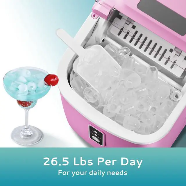Alt view image 2 of 7 - Countertop Ice Maker Machine with Handle, 26.5lbs Per Day, 9 Cubes in 6 Mins, Auto-Cleaning Portable Ice Maker with Basket and Scoop, for Home/Kitchen/Camping/RV (Pink)