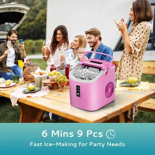 Alt view image 3 of 7 - Countertop Ice Maker Machine with Handle, 26.5lbs Per Day, 9 Cubes in 6 Mins, Auto-Cleaning Portable Ice Maker with Basket and Scoop, for Home/Kitchen/Camping/RV (Pink)