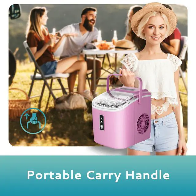 Alt view image 4 of 7 - Countertop Ice Maker Machine with Handle, 26.5lbs Per Day, 9 Cubes in 6 Mins, Auto-Cleaning Portable Ice Maker with Basket and Scoop, for Home/Kitchen/Camping/RV (Pink)