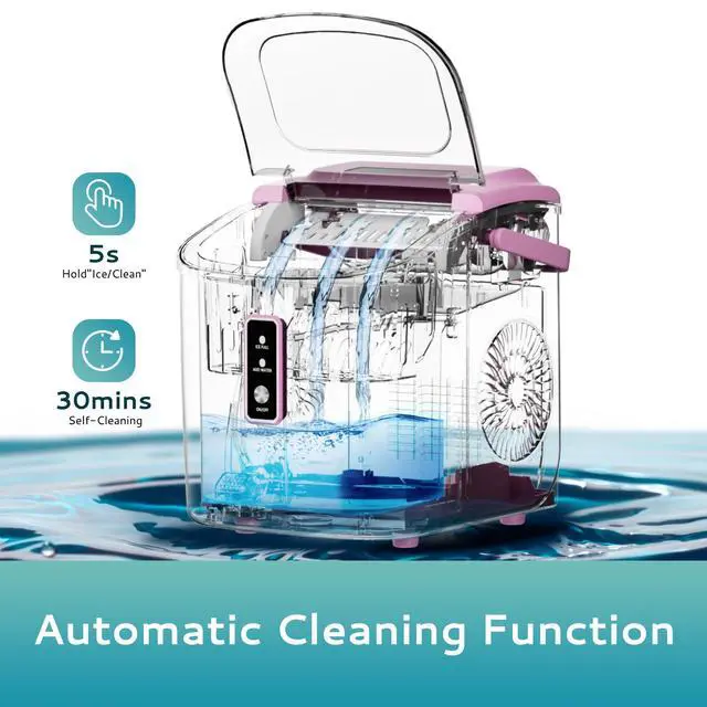 Alt view image 5 of 7 - Countertop Ice Maker Machine with Handle, 26.5lbs Per Day, 9 Cubes in 6 Mins, Auto-Cleaning Portable Ice Maker with Basket and Scoop, for Home/Kitchen/Camping/RV (Pink)