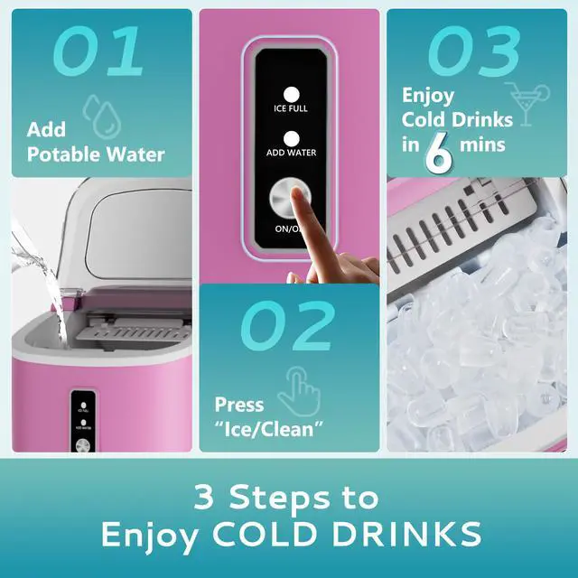 Alt view image 6 of 7 - Countertop Ice Maker Machine with Handle, 26.5lbs Per Day, 9 Cubes in 6 Mins, Auto-Cleaning Portable Ice Maker with Basket and Scoop, for Home/Kitchen/Camping/RV (Pink)