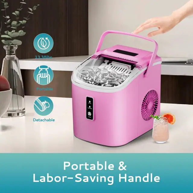 Alt view image 7 of 7 - Countertop Ice Maker Machine with Handle, 26.5lbs Per Day, 9 Cubes in 6 Mins, Auto-Cleaning Portable Ice Maker with Basket and Scoop, for Home/Kitchen/Camping/RV (Pink)