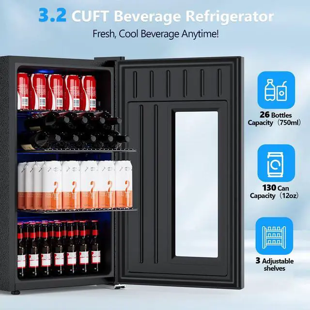 Alt view image 2 of 7 - Beer Cooler 3.2 Cuft, 130 Can Beverage Refrigerator with Adjustable Shelves, Accurate Temperature 20°F-50°F Even Cooling for Home Bar, Game Day, Mancave, Black