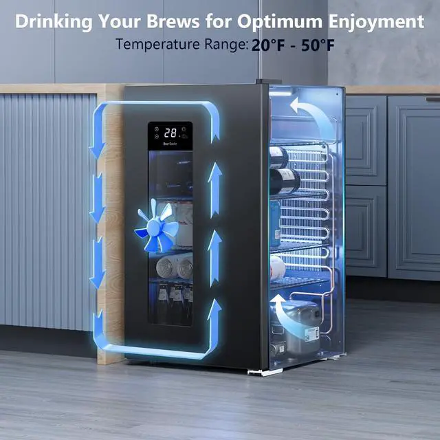 Alt view image 5 of 7 - Beer Cooler 3.2 Cuft, 130 Can Beverage Refrigerator with Adjustable Shelves, Accurate Temperature 20°F-50°F Even Cooling for Home Bar, Game Day, Mancave, Black