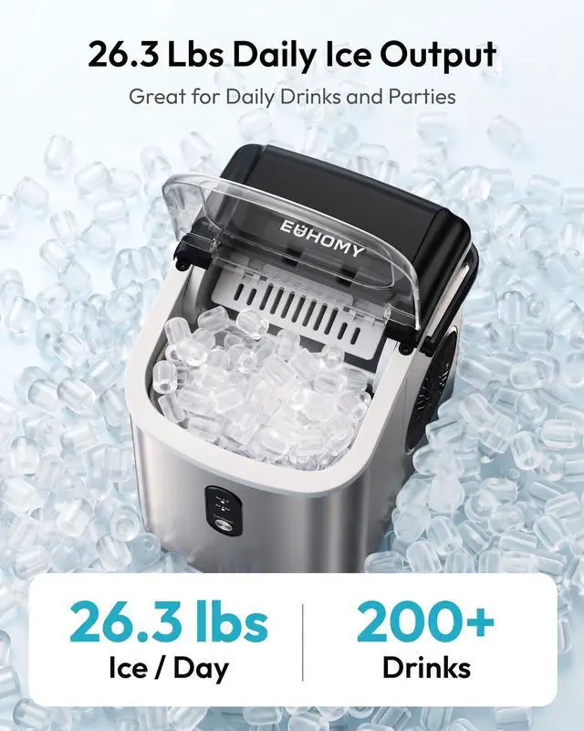 Alt view image 3 of 7 - Countertop Ice Maker Machine with Handle, 26.3lbs Per Day, 9 Cubes in 6 Mins, Auto-Cleaning Portable Ice Maker with Basket and Scoop, for Home/Kitchen/Camping/RV (Silver)