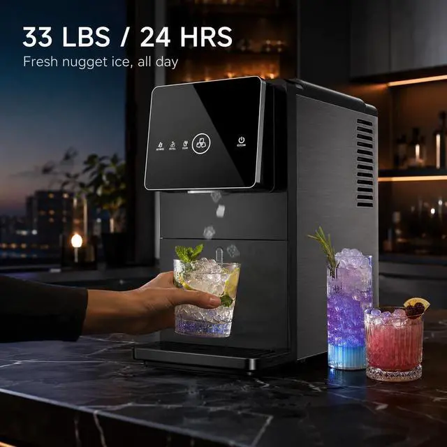 Alt view image 3 of 7 - Nugget Ice Maker Countertop, 33LBS/24H Ice Machine with Soft Chewable Ice, One-Click, Self-Cleaning Function, Stainless Steel Ice Maker with Indicator Lights for Home/Kitchen(Black)