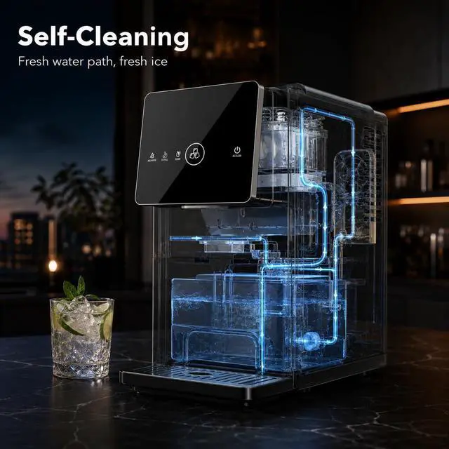 Alt view image 4 of 7 - Nugget Ice Maker Countertop, 33LBS/24H Ice Machine with Soft Chewable Ice, One-Click, Self-Cleaning Function, Stainless Steel Ice Maker with Indicator Lights for Home/Kitchen(Black)