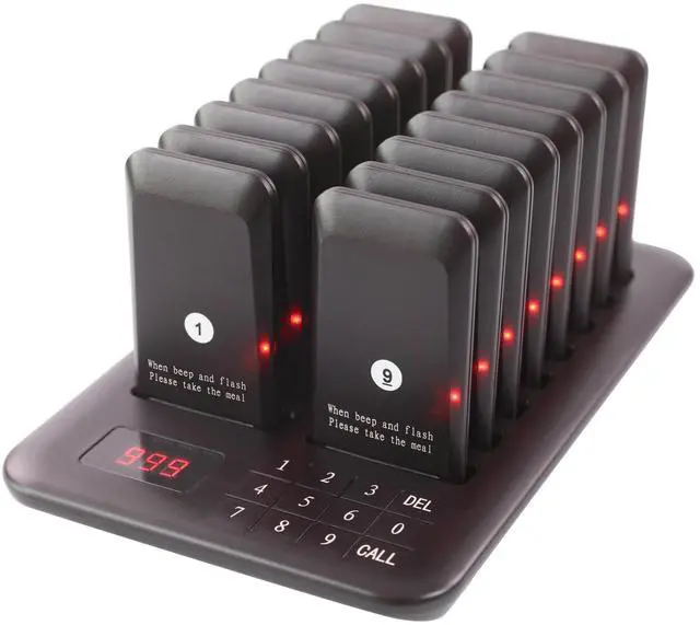 Main image of Restaurant Pager System, Pagers for Restaurants Wireless Calling System Touch Keypad, 16 Pagers and Beepers for Food Truck Bars Court Restaurants Hotels Cafe Shops Clinics (Black)