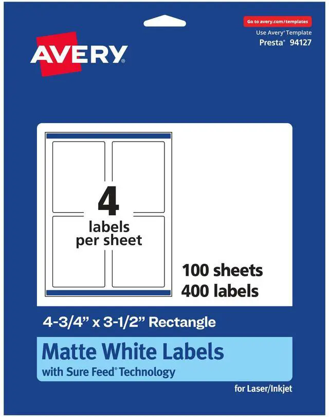 Main image of ® Matte White Rectangle Labels, Sure Feed® Technology, 4.75" x 3.5", 400 Labels, Print-to-The-Edge, Laser/Inkjet Printable