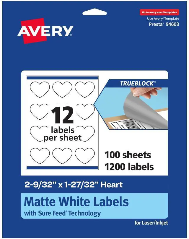 Main image of TrueBlock Matte White Heart Labels, Sure Feed Technology, 2-9/32" x 1-27/32", 1,200 Matte White Labels, Print-to-The-Edge, Laser/Inkjet Printable, Great for Packaging and Product Merchandising