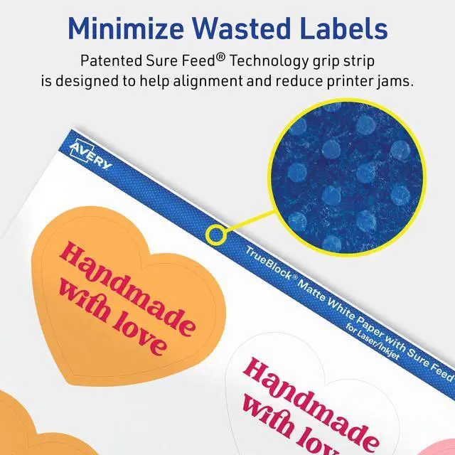 Alt view image 4 of 7 - TrueBlock Matte White Heart Labels, Sure Feed Technology, 2-9/32" x 1-27/32", 1,200 Matte White Labels, Print-to-The-Edge, Laser/Inkjet Printable, Great for Packaging and Product Merchandising