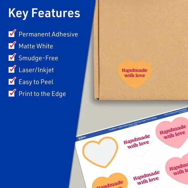 Alt view image 2 of 7 - TrueBlock Matte White Heart Labels, Sure Feed Technology, 2-9/32" x 1-27/32", 1,200 Matte White Labels, Print-to-The-Edge, Laser/Inkjet Printable, Great for Packaging and Product Merchandising