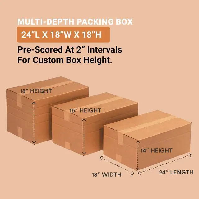 Alt view image 3 of 3 - Multi-Depth 24" x 18" x 18" Single Wall Cardboard Boxes (15-Pack) | Large Corrugated Boxes for Shipping, Packaging, Moving, Storage Box for Home or Business, Strong Wholesale Bulk Boxes