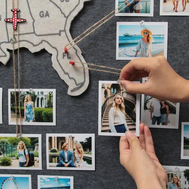Alt view image 2 of 7 - Photo Board with USA Map, 63'' x 32'' Felt Pin Board, Lunar Mist | Showcase travel photos with pins on the felt board; mark states visited on the USA map for personalized travel wall décor