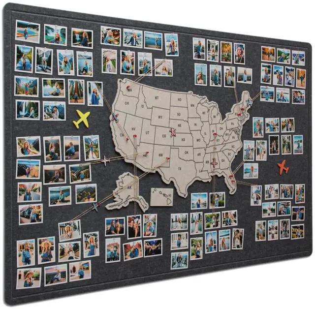 Main image of Photo Board with USA Map, 63'' x 32'' Felt Pin Board, Lunar Mist | Showcase travel photos with pins on the felt board; mark states visited on the USA map for personalized travel wall décor
