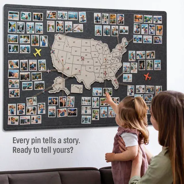 Alt view image 5 of 7 - Photo Board with USA Map, 63'' x 32'' Felt Pin Board, Lunar Mist | Showcase travel photos with pins on the felt board; mark states visited on the USA map for personalized travel wall décor