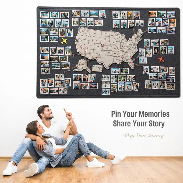 Alt view image 4 of 7 - Photo Board with USA Map, 63'' x 32'' Felt Pin Board, Lunar Mist | Showcase travel photos with pins on the felt board; mark states visited on the USA map for personalized travel wall décor