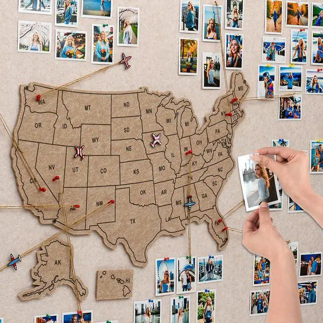 Alt view image 2 of 7 - Photo Board with USA Map, 63'' x 32'' Felt Pin Board, Desert Dunes | Showcase travel photos with pins on the felt board, mark states visited on the USA map for personalized travel wall décor