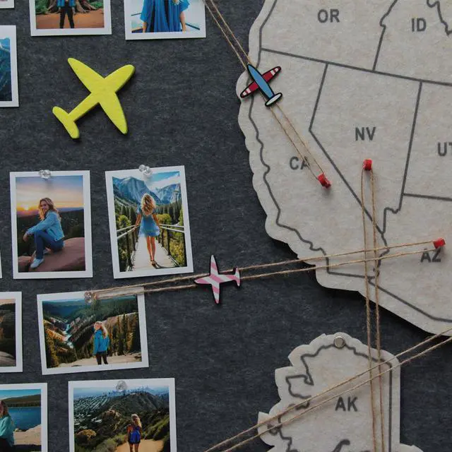 Alt view image 3 of 7 - Photo Board with USA Map, 63'' x 32'' Felt Pin Board, Lunar Mist | Showcase travel photos with pins on the felt board; mark states visited on the USA map for personalized travel wall décor