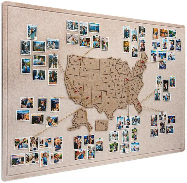 Main image of Photo Board with USA Map, 63'' x 32'' Felt Pin Board, Desert Dunes | Showcase travel photos with pins on the felt board, mark states visited on the USA map for personalized travel wall décor
