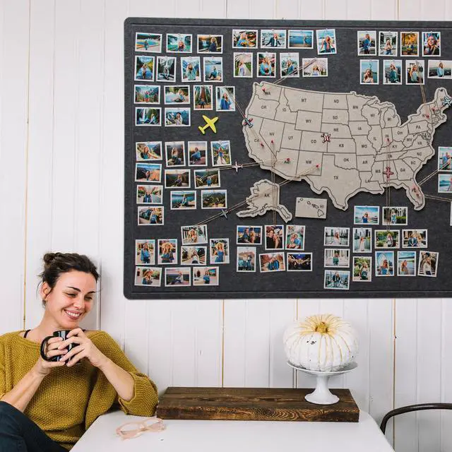 Alt view image 6 of 7 - Photo Board with USA Map, 63'' x 32'' Felt Pin Board, Lunar Mist | Showcase travel photos with pins on the felt board; mark states visited on the USA map for personalized travel wall décor